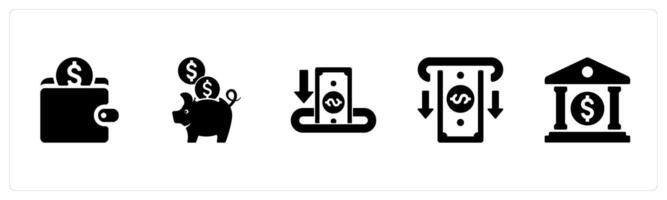 A set of 5 Finance icons as wallet, piggy bank, deposit in black filled color vector