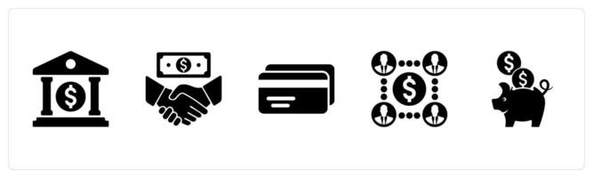 A set of 5 Finance icons as increase revenue, budget in black filled color vector