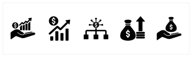 A set of 5 Finance icons as increase revenue, growth in black filled color vector