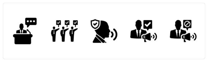 A set of 5 Freedom of Speech icons as speech, protest, protected speech in black filled color vector