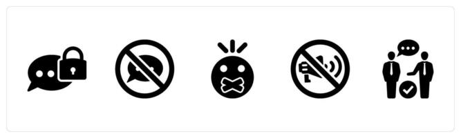 A set of 5 Freedom of Speech icons as censorship, prohibited, censored in black filled color vector