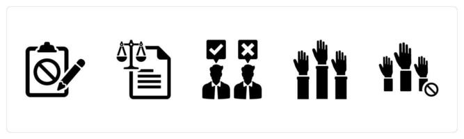 A set of 5 Freedom of Speech icons as petition, first amendment, opinion in black filled color vector
