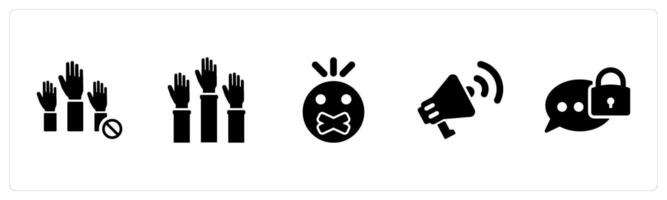 A set of 5 Freedom of Speech icons as revolt, democracy, censored in black filled color vector