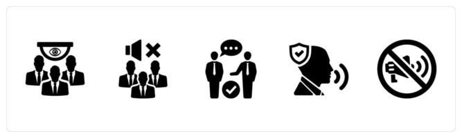 A set of 5 Freedom of Speech icons as surveilliance, mute people, debate in black filled color vector
