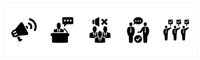 A set of 5 Freedom of Speech icons as megaphone, speech, mute people in black filled color vector