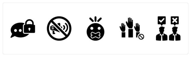 A set of 5 Freedom of Speech icons as censorship, not allowed, censored in black filled color vector