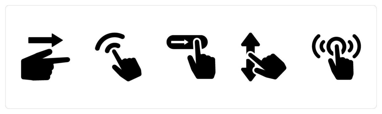 A set of 5 Hands icons as point, click, slide gesture, scroll in black filled color