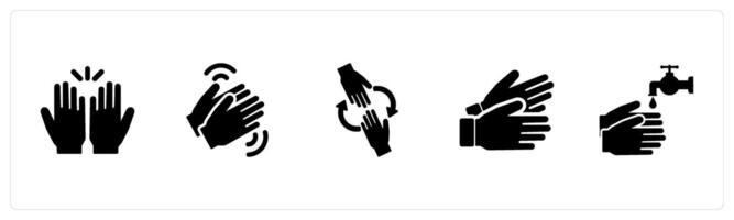 A set of 5 Hands icons as hands, applause, help in black filled color vector