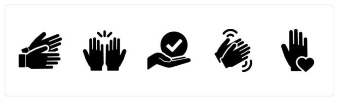 A set of 5 Hands icons as non verbal, hands, holding in black filled color vector