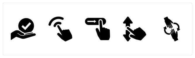 A set of 5 Hands icons as holding, click, slide gesture in black filled color vector
