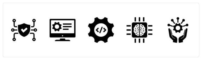 A set of 5 Hard Skills icons as cyber security, software development, programming languages in black filled color vector