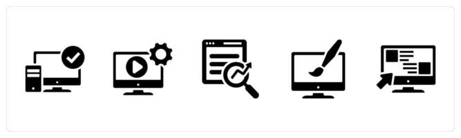 A set of 5 Hard Skills icons as computer skills, editing, seo in black filled color vector