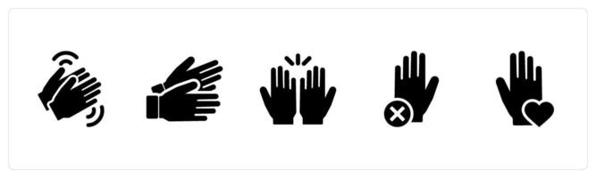 A set of 5 Hands icons as applause, non verbal, hands in black filled color vector