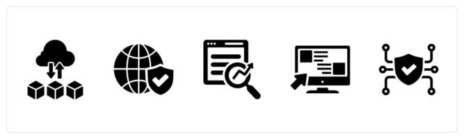 A set of 5 Hard Skills icons as cloud computing, network security, seo in black filled color vector