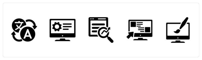 A set of 5 Hard Skills icons as foreign language, software development, seo in black filled color vector