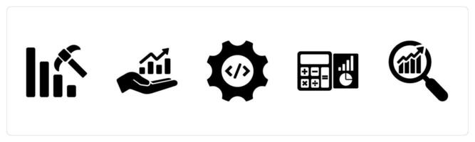 A set of 5 Hard Skills icons as data mining, data analysis, programming languages in black filled color vector