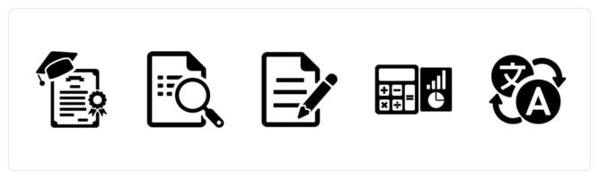 A set of 5 Hard Skills icons as certificates, search document, copy writing in black filled color vector