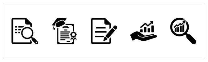 A set of 5 Hard Skills icons as search document, certificates, copy writing in black filled color vector