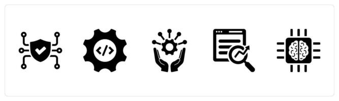 A set of 5 Hard Skills icons as cyber security, programming languages, project management in black filled color vector