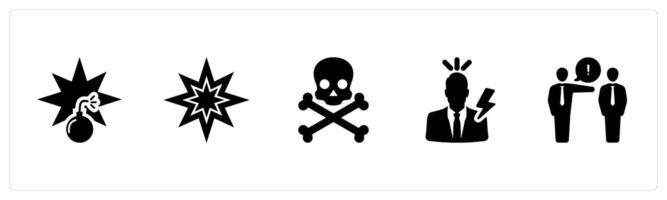 A set of 5 Hazard Danger icons as bomb, explosion, death, electrical shock in black filled color vector
