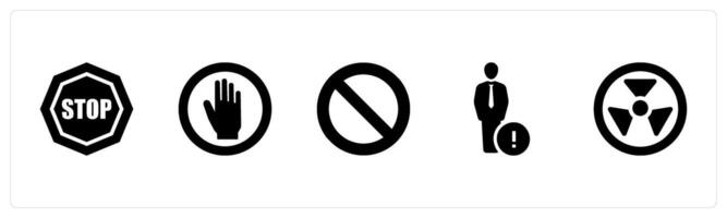 A set of 5 Hazard Danger icons as stop, no entry, attention in black filled color vector