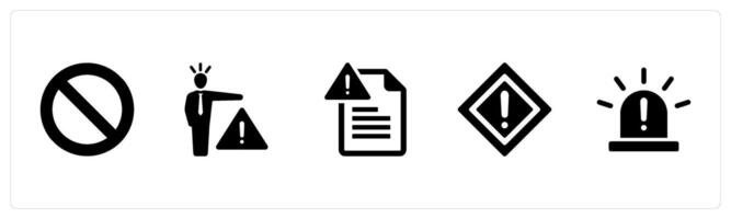 A set of 5 Hazard Danger icons as no entry, warning, notice in black filled color vector