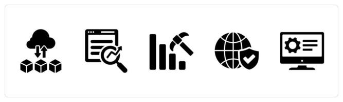 A set of 5 Hard Skills icons as cloud computing, seo, data mining in black filled color vector