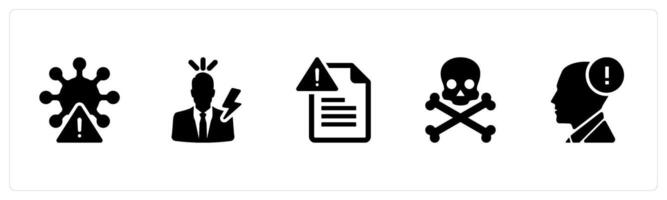 A set of 5 Hazard Danger icons as virus, electrical shock, notice in black filled color vector