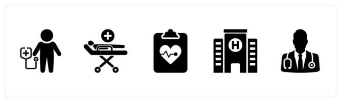 A set of 5 Health Checkup icons as checkup, patient, health report in black filled color vector