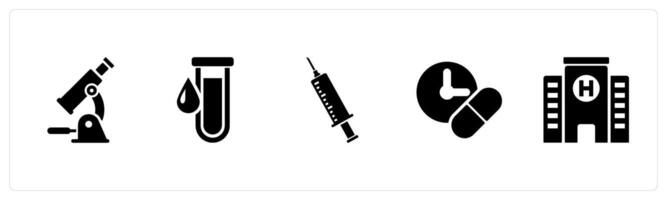 A set of 5 Health Checkup icons as laboratory, blood sample, injection in black filled color vector
