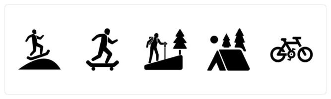 A set of 5 Hobby icons as snowboarding, skating, hiking in black filled color vector