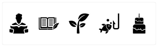 A set of 5 Hobby icons as reading, writing, gardening in black filled color vector