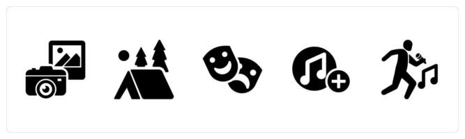 A set of 5 Hobby icons as photography, camping, acting in black filled color vector