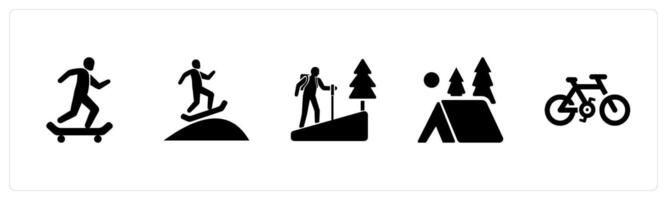 A set of 5 Hobby icons as skating, snowboarding, hiking in black filled color vector