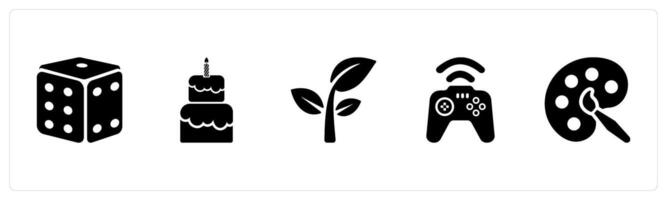 A set of 5 Hobby icons as dice, cooking, game in black filled color vector
