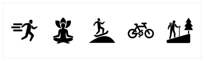A set of 5 Hobby icons as running, yoga, snowboarding in black filled color vector