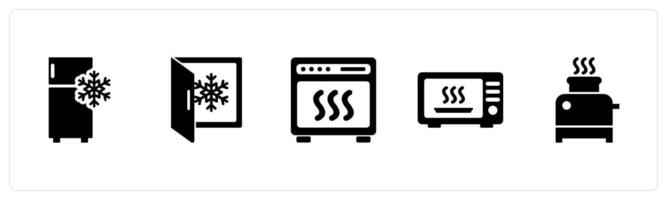 A set of 5 Home Appliance icons as referigerator, freezer, oven in black filled color vector
