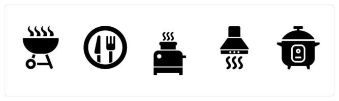 A set of 5 Home Appliance icons as barbecue, cutlery, toaster in black filled color vector