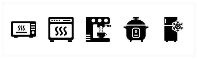 A set of 5 Home Appliance icons as microwave, oven, coffee maker in black filled color vector