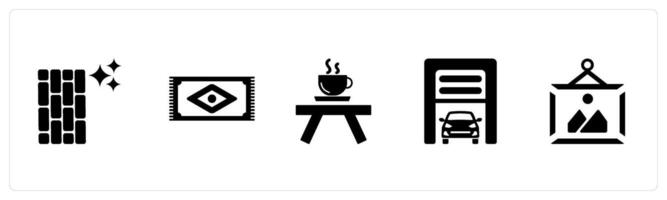 A set of 5 Home Interior icons as floor, rug, coffee table in black filled color vector