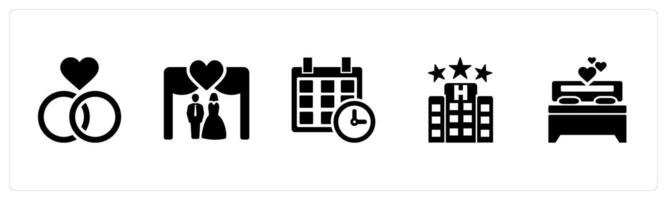 A set of 5 Honeymoon icons as engagement, wedding, booking in black filled color vector