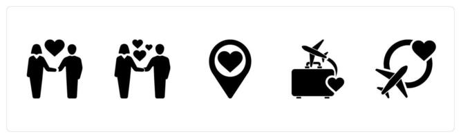A set of 5 Honeymoon icons as couple, declaration, destination in black filled color vector