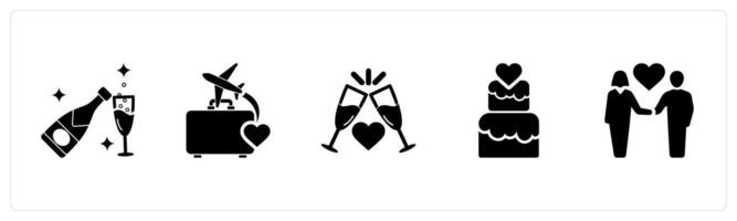 A set of 5 Honeymoon icons as champagne, travel, celebration in black filled color vector