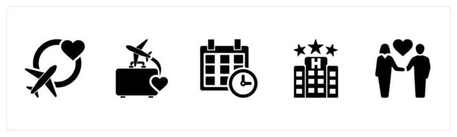 A set of 5 Honeymoon icons as honeymoon, travel, booking in black filled color vector