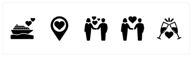 A set of 5 Honeymoon icons as cruise, destination, declaration in black filled color vector