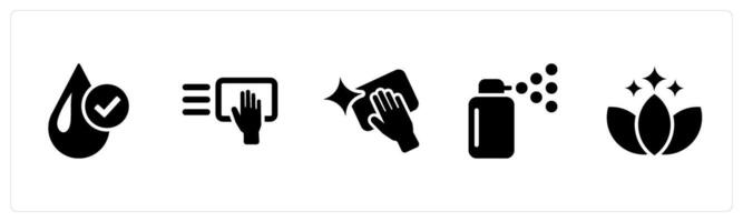 A set of 5 Hygiene icons as clean water, wipe, clean in black filled color vector