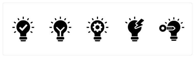 A set of 5 Idea icons as idea, bulb light, idea generation in black filled color vector