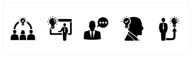 A set of 5 Idea icons as brainstorming, idea presentation, thinking in black filled color vector