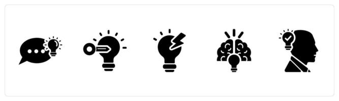 A set of 5 Idea icons as suggestion, key idea, invention in black filled color vector