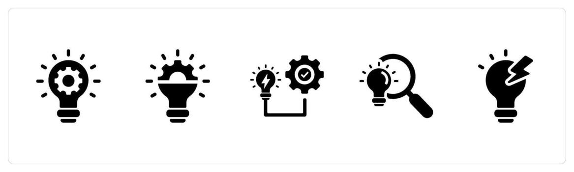 A set of 5 Idea icons as idea generation, innovation, idea execution in black filled color vector
